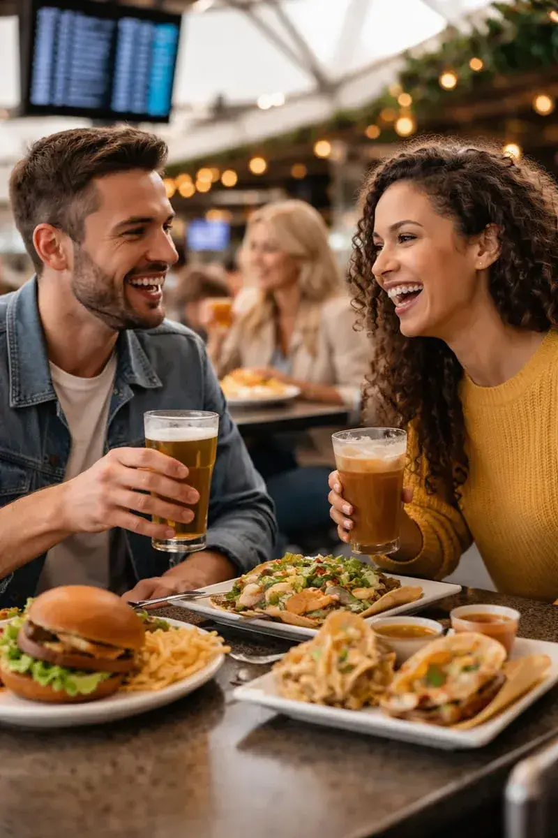 Couple eating fast food in a food court area at Denver airport