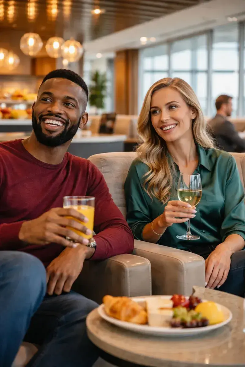 Denver Airport lounge passengers enjoying drinks and food in VIP lounge